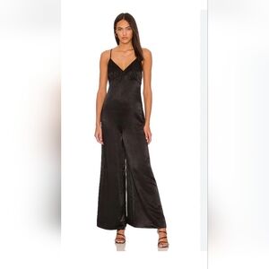 We Wore What - Sleek Black Satin Spaghetti-Strap Jumpsuit - Size L